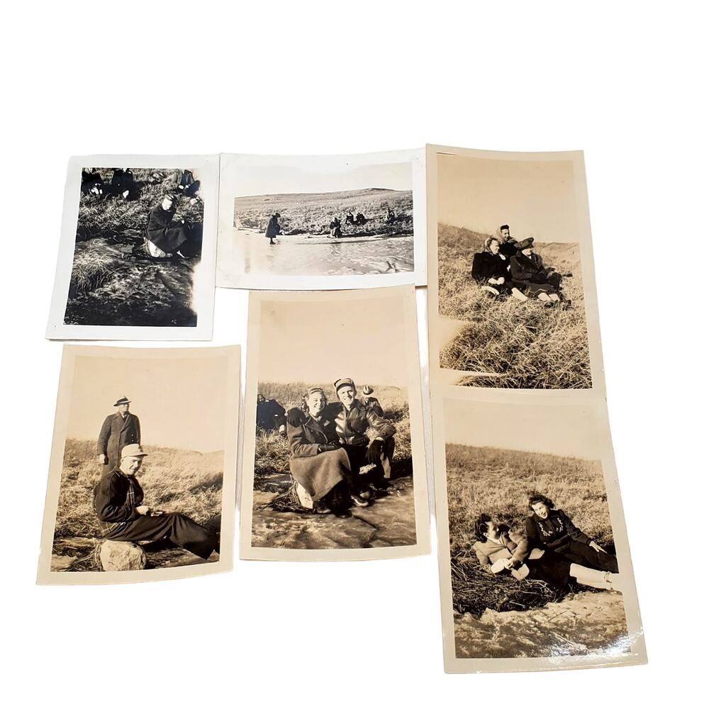 1940s B&W Photo Friends Hanging Out by Frozen Lake Pond Bridge Snapshot Sitting
